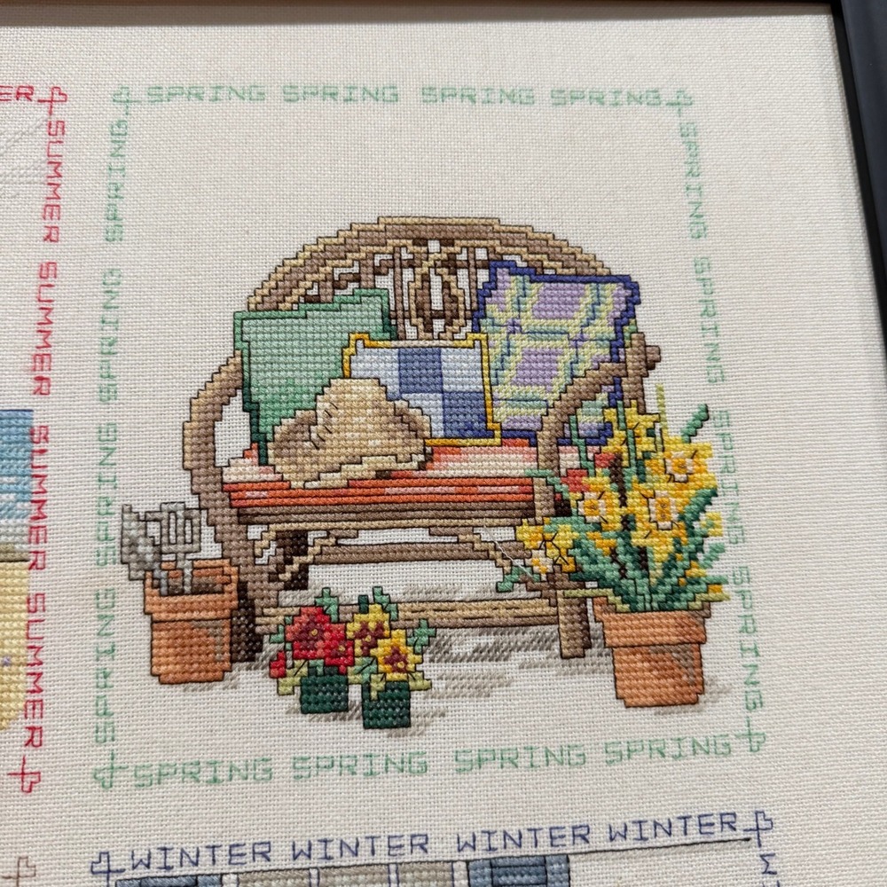 Vintage Four Seasons Cross Stitch Framed Wall Art Farmhouse Sampler - Picture 4 of 9
